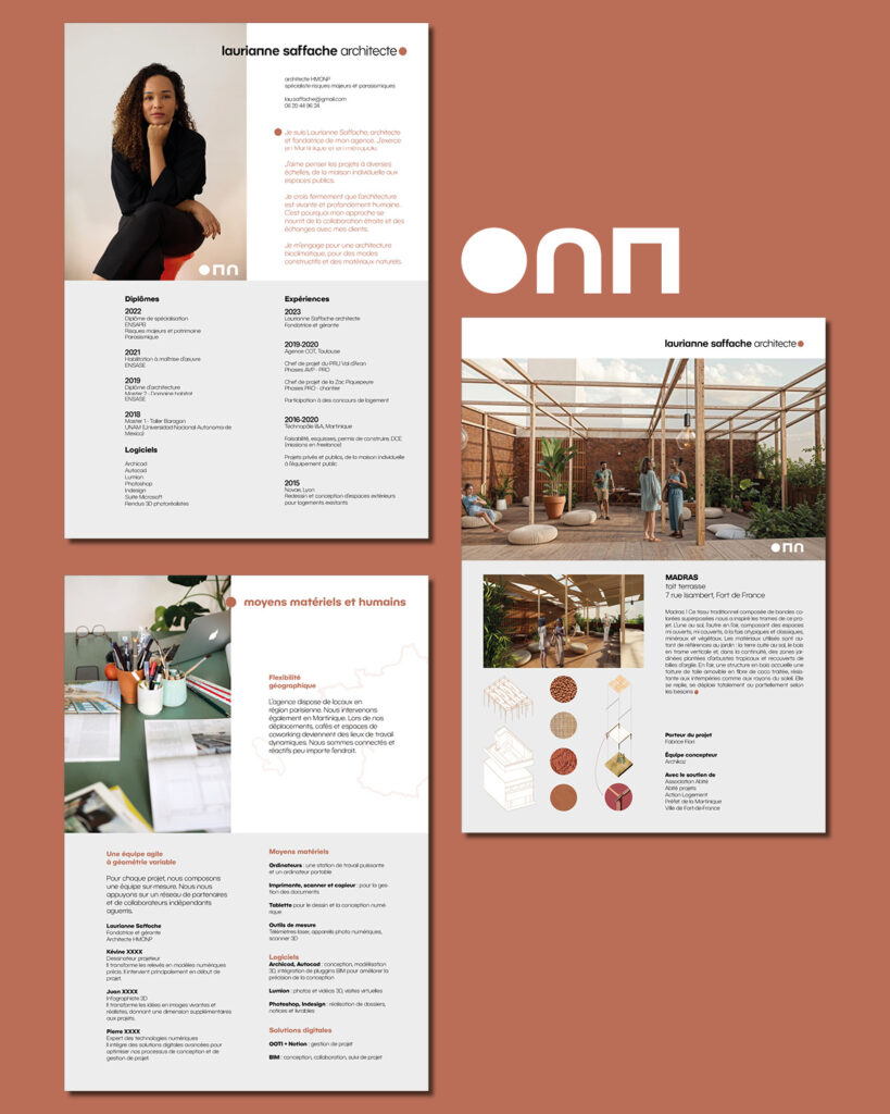 Déclinaison de l'identité visuelle de l'architecte Laurianne Saffache sur les outils de candidature 