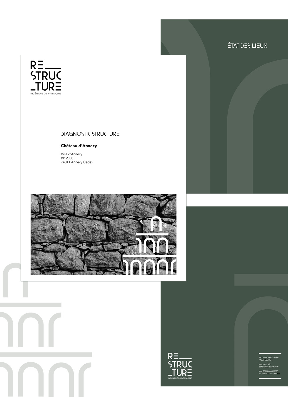 Application de l'identité visuelle du bureau d'études structure patrimoine Re-Structure sur les documents et livrables 